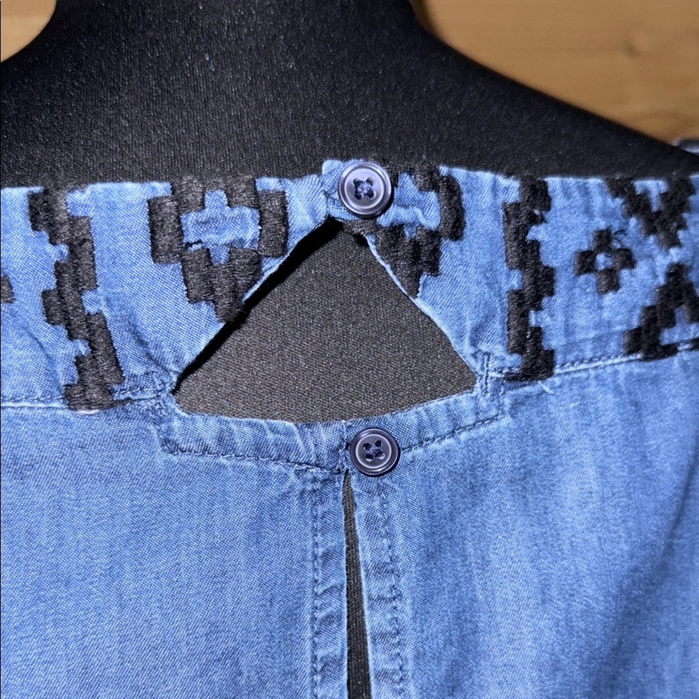 Blue Chambray sleeveless shift dress Black embroidery XXL festival summer - Picture 3 of 10